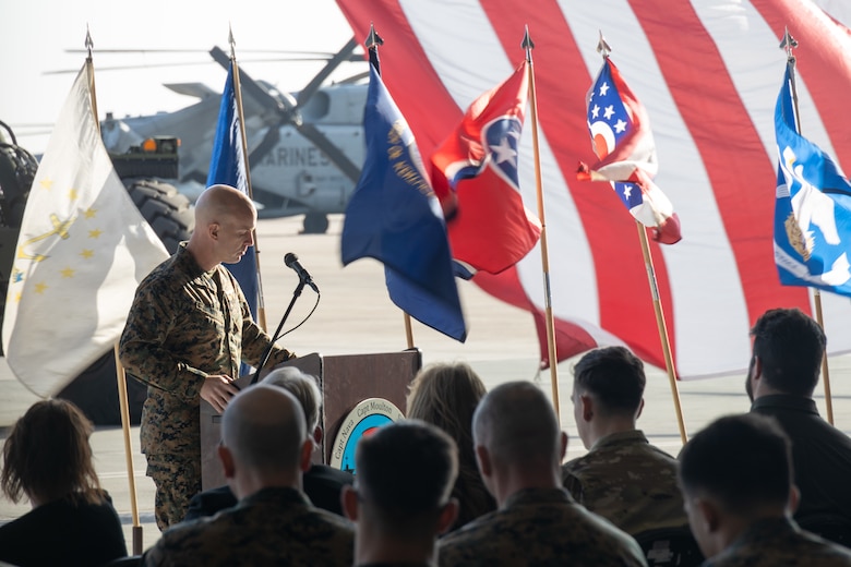 U.S. Marine Corps Lt. Col. Nicholas J. Harvey, the commanding officer of Marine Heavy Helicopter Squadron (HMH) 361, Marine Aircraft Group 16, 3rd Marine Aircraft Wing, gives remarks during a memorial ceremony honoring five Marines of HMH-361 at Marine Corps Air Station Miramar, California, Feb. 16, 2024. More than 550 Marines, family and friends gathered to pay tribute to the five Marines who lost their lives as the result of a CH-53E mishap on Feb. 6, 2024, in Pine Valley, California. (U.S. Marine Corps photo by Staff Sgt. Antonio De La Fuente)