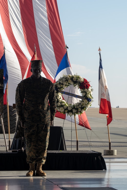 U.S. Marine Corps Sgt. Maj. Damien Blaise, the sergeant major of Marine Heavy Helicopter Squadron (HMH) 361, Marine Aircraft Group 16, 3rd Marine Aircraft Wing, conducts the final roll call during a memorial ceremony honoring five Marines of HMH-361 at Marine Corps Air Station Miramar, California, Feb. 16, 2024. More than 550 Marines, family and friends gathered to pay tribute to the five Marines who lost their lives as the result of a CH-53E mishap on Feb. 6, 2024, in Pine Valley, California. (U.S. Marine Corps photo by Staff Sgt. Antonio De La Fuente)