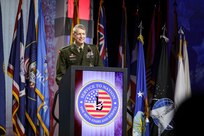 Army Gen. Daniel Hokanson, chief, National Guard Bureau, delivers remarks and congratulates National Guard awardees at the Black Engineer of the Year Award Science, Technology, Engineering and Mathematics Stars and Stripes dinner and reception, Baltimore, Maryland, Feb. 16, 2024. The National Guard Bureau was the featured military organization of the 2024 Stars and Stripes event.
