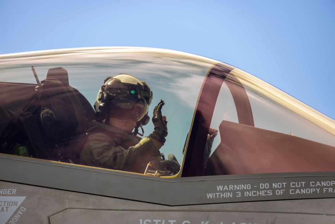 U.S. Marine Corps Capt. Samuel Corey, an F-35B Lightning II pilot with Marine Fighter Attack Squadron (VMFA) 122, Marine Aircraft Group 13, 3rd Marine Aircraft Wing, prepares to take off from a forward arming and refueling point during Integrated Training Exercise 2-24