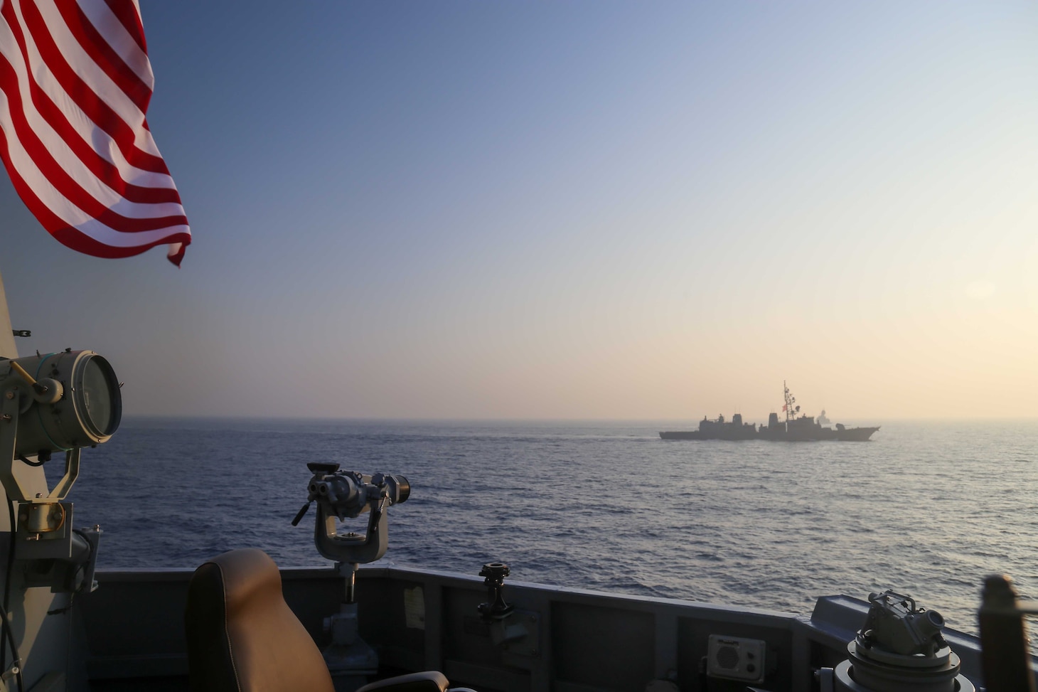 BAY OF BENGAL (Feb. 17, 2024) The Arleigh Burke-class guided-missile destroyer USS Halsey (DDG 97), sails with the Japan Maritime Self-Defense Force Takanami-class destroyer JS Sazanami (DD 113) and Royal Australian Navy Anzac-class frigate HMAS Warramunga (FFH 152) during trilateral operations in the Bay of Bengal, Feb. 17-18. U.S. 7th Fleet is the U.S. Navy’s largest forward-deployed numbered fleet, and routinely interacts and operates with allies and partners in preserving a free and open Indo-Pacific region. (U.S. Navy photo by Mass Communication Specialist 3rd Class Ismael Martinez)
