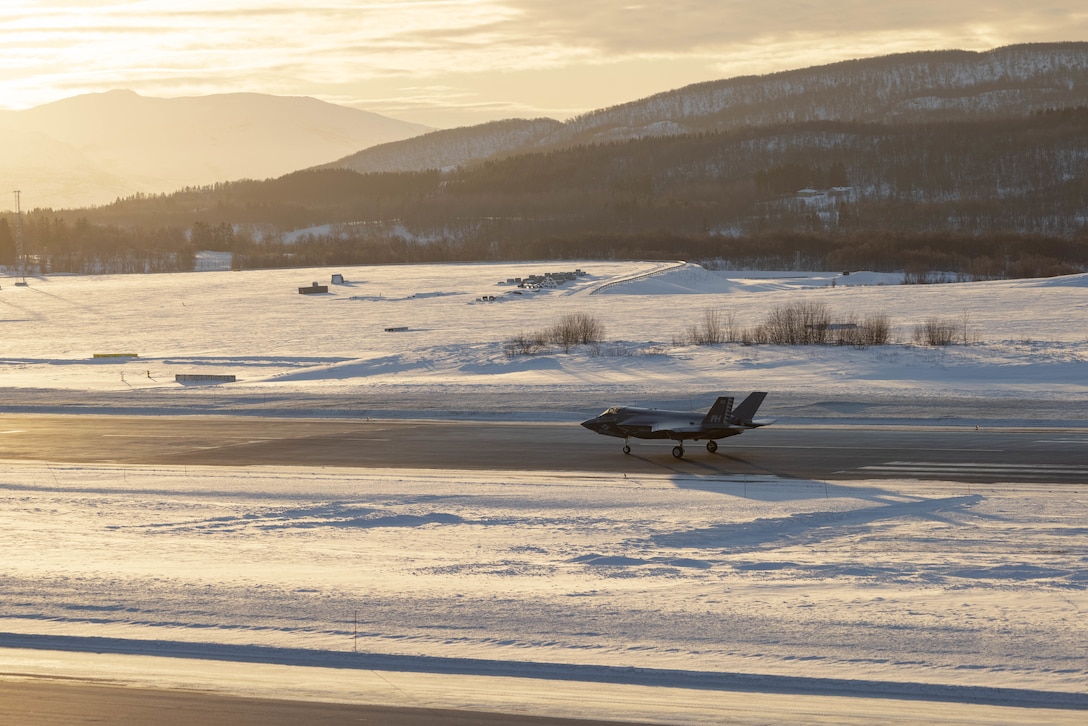 A U.S. Marine Corps F-35B Lightning II jet with Marine Fighter Attack Squadron (VMFA) 542, 2nd Marine Aircraft Wing, lands in preparation for Exercise Nordic Response 24 in Norway, Feb. 16, 2024. Exercise Nordic Response, formerly known as Cold Response, is a NATO training event conducted every two years to promote military competency in arctic environments and to foster interoperability between the U.S. Marine Corps and allied nations. Exercise Nordic Response 24 is VMFA-542's first overseas operational exercise as an F-35B Lightning II jet squadron. (U.S. Marine Corps photo by Lance Cpl. Orlanys Diaz Figueroa)