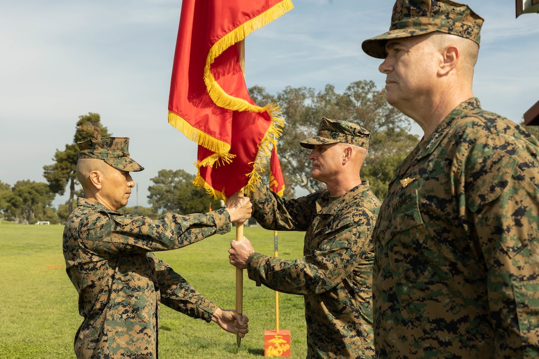 U.S. Marine Corps Maj. Gen. Bradford J. Gering, commanding general of I Marine Expeditionary Force, relinquishes command to Lt. Gen. Michael S. Cederholm, during the I MEF change of command ceremony at Marine Corps Base Camp Pendleton, California Feb. 16, 2024. I MEF provides the Marine Corps a globally responsive, expeditionary, and fully scalable Marine Air-Ground Task Force, capable of generating, deploying, and employing ready forces and formations for crisis response, forward presence, major combat operations, and campaigns. (U.S. Marine Corps photo by Cpl. Fred Garcia)