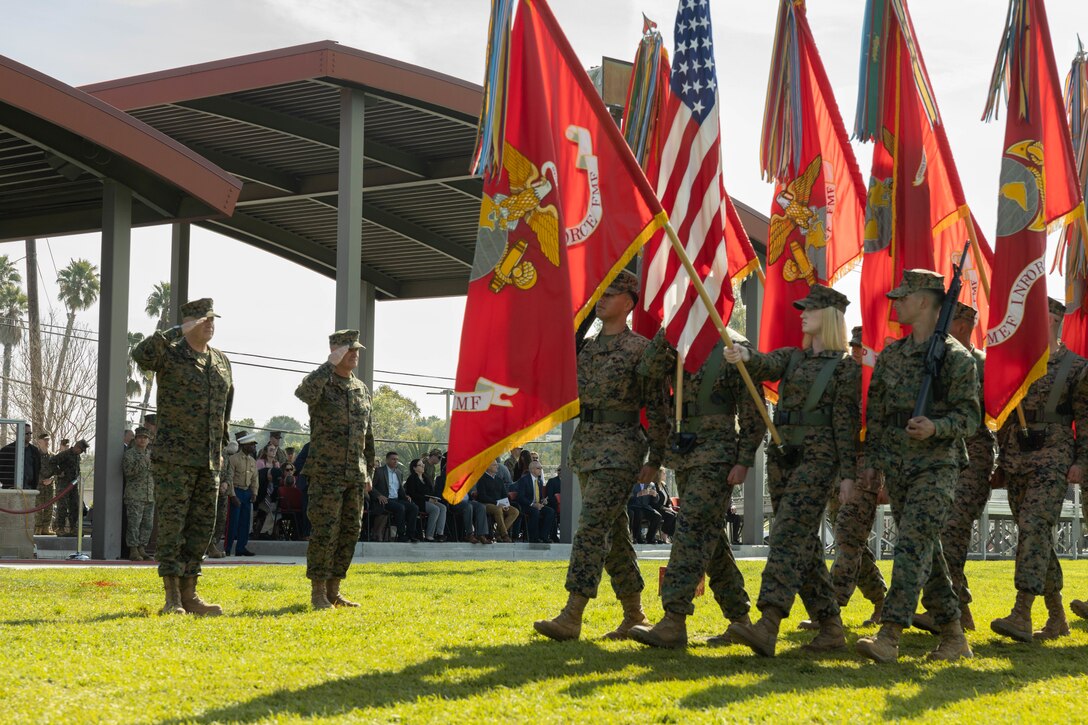 U.S. Marine Corps Maj. Gen. Bradford J. Gering, commanding general of I Marine Expeditionary Force, relinquishes command to Lt. Gen. Michael S. Cederholm, during the I MEF change of command ceremony at Marine Corps Base Camp Pendleton, California Feb. 16, 2024. I MEF provides the Marine Corps a globally responsive, expeditionary, and fully scalable Marine Air-Ground Task Force, capable of generating, deploying, and employing ready forces and formations for crisis response, forward presence, major combat operations, and campaigns. (U.S. Marine Corps photo by Cpl. Fred Garcia)