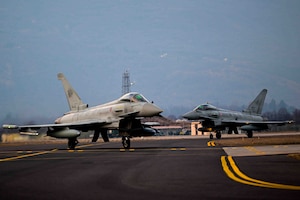 An Italian air force Eurofighter Typhoon assigned to the 51st Wing at Istrana Air Base, Italy, lands during a defensive counter-air training.