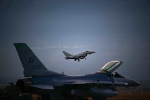 An Italian air force Eurofighter Typhoon assigned to the 51st Wing at Istrana Air Base, Italy, lands during a defensive counter-air training.