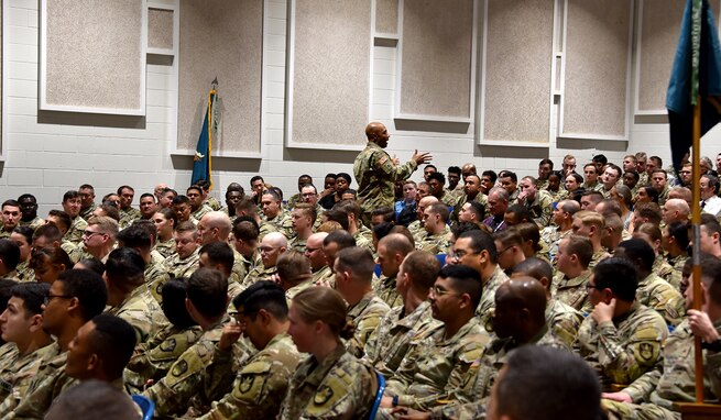 Lt. Gen. Sean A. Gainey, commanding general of U.S. Army Space and Missile Defense Command, engages with SMDC civilians and Soldiers during a town hall event at Peterson Auditorium, Peterson Space Force Base, Colo., Jan. 30, 2024. (U.S. Army photo by Dottie White)