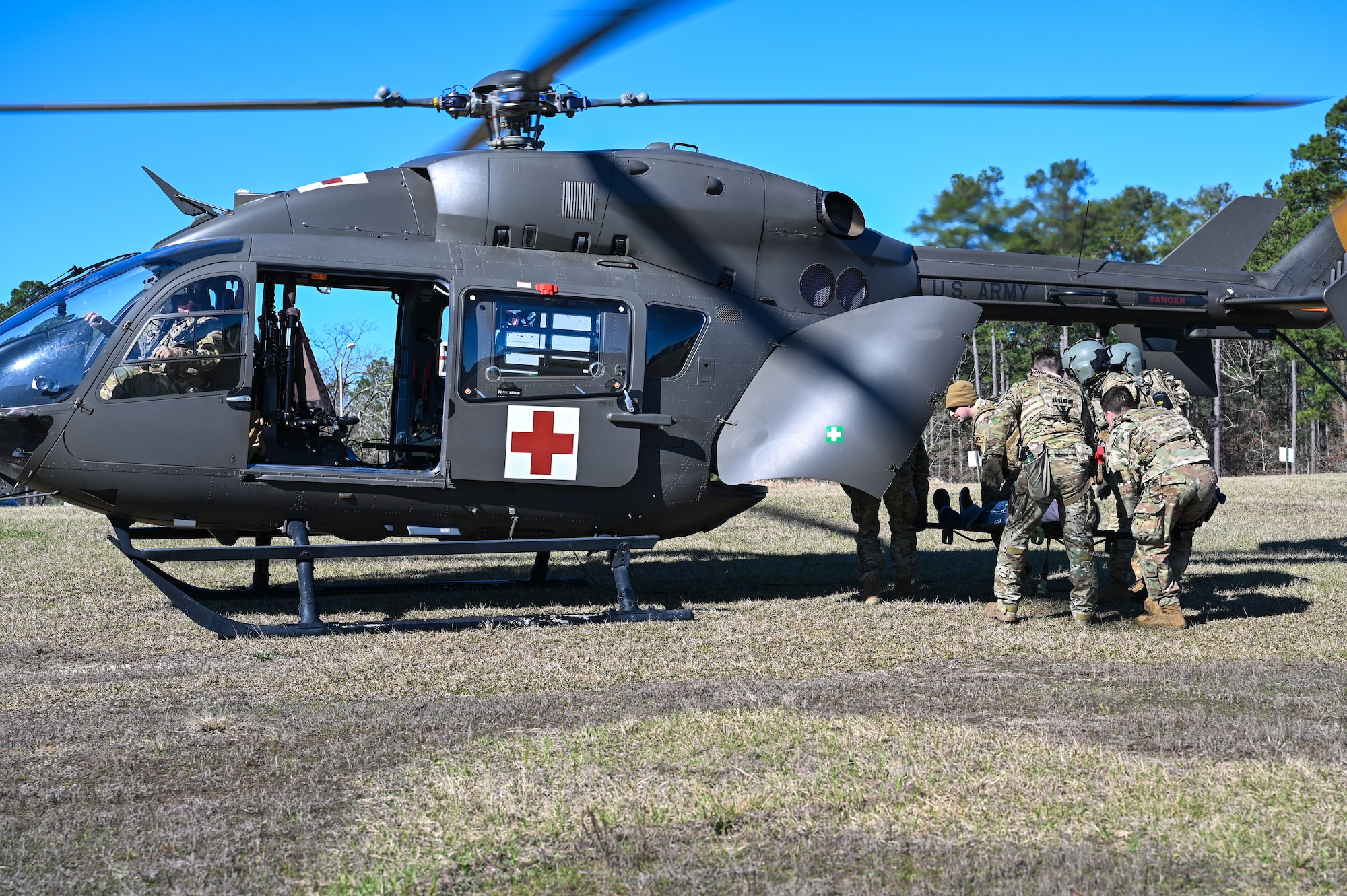 Air National Guard Security Forces members participate in a mass casualty role play exercise at PATRIOT 24 exercise at Combined Arms Collective Training Facility, Camp Shelby, Mississippi Feb. 19, 2024.