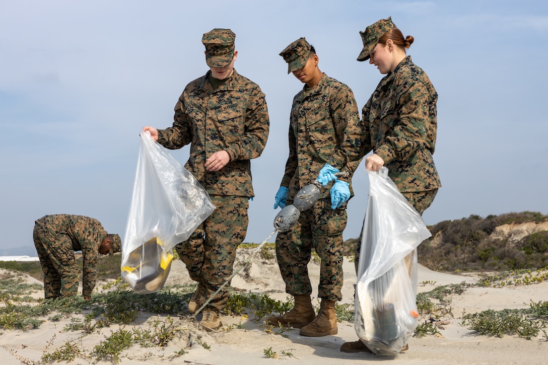 U.S. Marines with 3rd Assault Amphibian Battalion, 1st Marine Division, collect trash during a beach cleanup at White Beach at Marine Corps Base Camp Pendleton, California, Feb. 16, 2024. This cleanup allows MCB Camp Pendleton and its tenant units to conduct preservation efforts while harmonizing environmental efficacy and military readiness. MCB Camp Pendleton takes active steps to preserve regional wildlife and natural resources while providing the Fleet Marine Force with the training spaces necessary to meet training and readiness requirements. (U.S. Marine Corps photo by Lance Cpl. Watts)