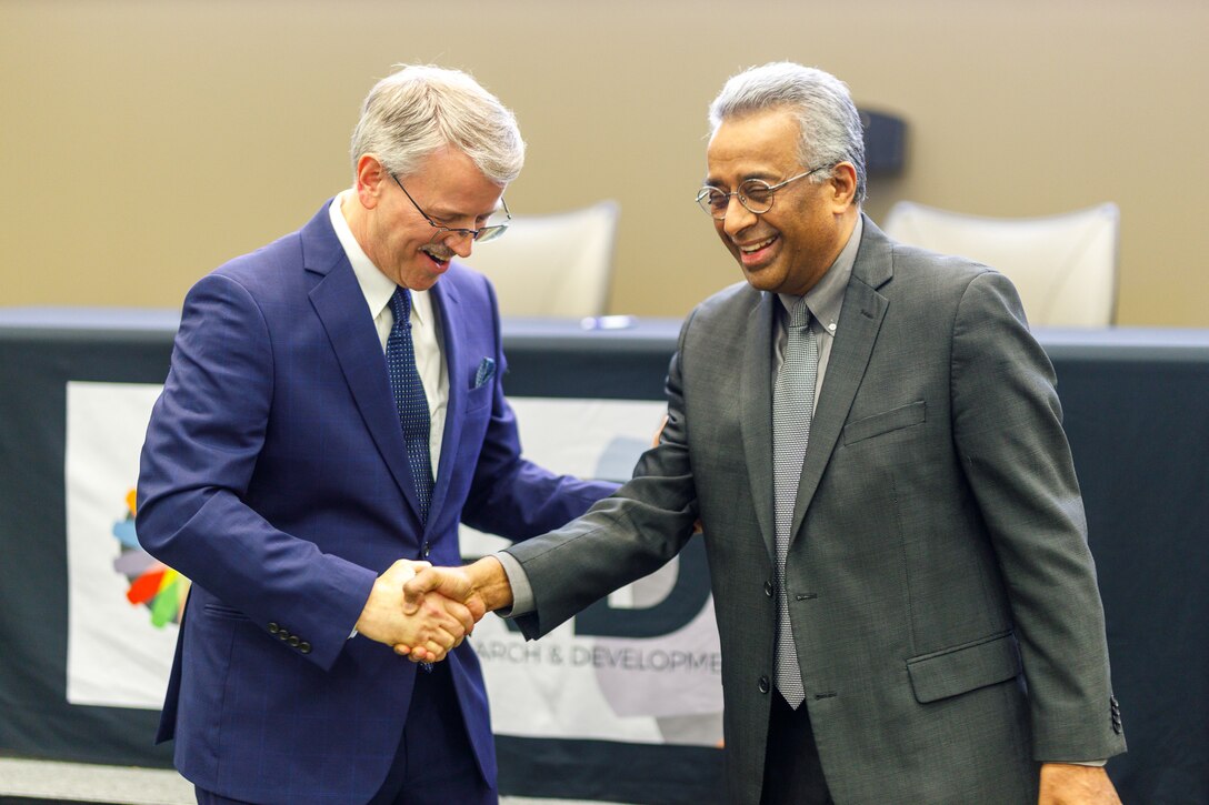 ERDC Director Dr. David Pittman and Dr. Ramamoorthy Ramesh, executive vice president for Research at Rice University, engage after signing the Educational Partnership Agreement (EPA) to conclude the day of events.