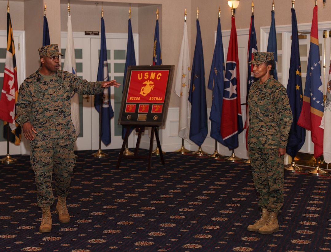 U.S. Marine Corps Master Gunnery Sgt. Eddie W. Dowdell III, a communications chief with Marine Corps Cyberspace Operations Group, recites ‘The Watch’ during a retirement ceremony on Marine Corps Base Quantico, Virginia, February 15, 2024. MCCOG executes Marine Corps Department of Defense Information Network Operations and Marine Corps Defensive Cyberspace Operations to enhance freedom of action across warfighting domains while denying the efforts of adversaries by degradation or disruption via cyberspace operations. (U.S. Marine Corps photo by Lance Cpl. David Brandes)