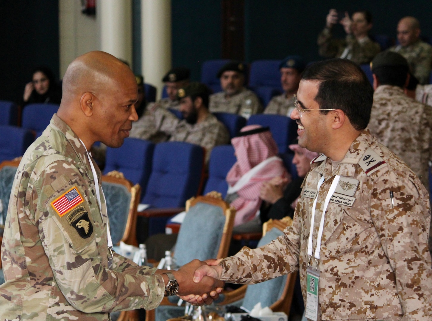 U.S. Central Command’s Command Surgeon, left, shakes hands with a Royal Saudi Land Force officer at the Multinational Medical Response Training in Riyadh, Saudi Arabia, Feb. 11-13, 2024. Opened to both military and civilian personnel of U.S. partner states in the CENTCOM area of responsibility, the biennial event will feature speakers, workshops, exhibit displays, and a capstone field training exercise showcasing emergency medical readiness and response for disaster and humanitarian relief operations.
More than 500 healthcare professionals from 20 partner nations are expected to participate in the building endeavor geared toward establishing medical training that promotes burden-sharing possibilities mutual understanding. (U.S. Central Command)