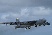 A U.S. B-52H Stratofortress assigned to the 23rd Expeditionary Bomb Squadron, takes-off at Andersen Air Force Base, Guam, as part of a routine Bomber Task Force mission, Feb. 3, 2024. The United States maintains a strong, credible bomber force that enhances the security and stability of Allies and partners. (U.S. Air Force photo by Master Sgt. Amy Picard)