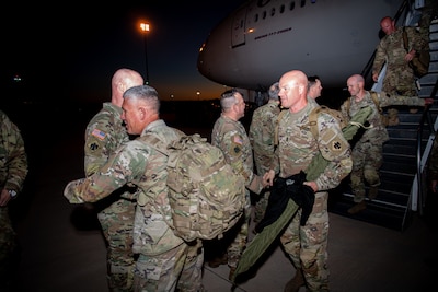 Members of Task Force Tomahawk arrive at Fort Bliss, Texas, Feb. 18, 2024, for demobilization following a nine-month deployment to the Horn of Africa. Task Force Tomahawk is made up of units of the 45th Infantry Brigade Combat Team - primarily of the 1st Battalion, 179th Infantry Regiment as well as companies from the 1st Battalion, 279th Infantry Regiment and 2nd Battalion, 134th Infantry Regiment (Airborne). TF Tomahawk was responsible for security at multiple locations across several countries in the Horn of Africa as well as manning the East African Response Force. (Oklahoma National Guard photo by Anthony Jones)