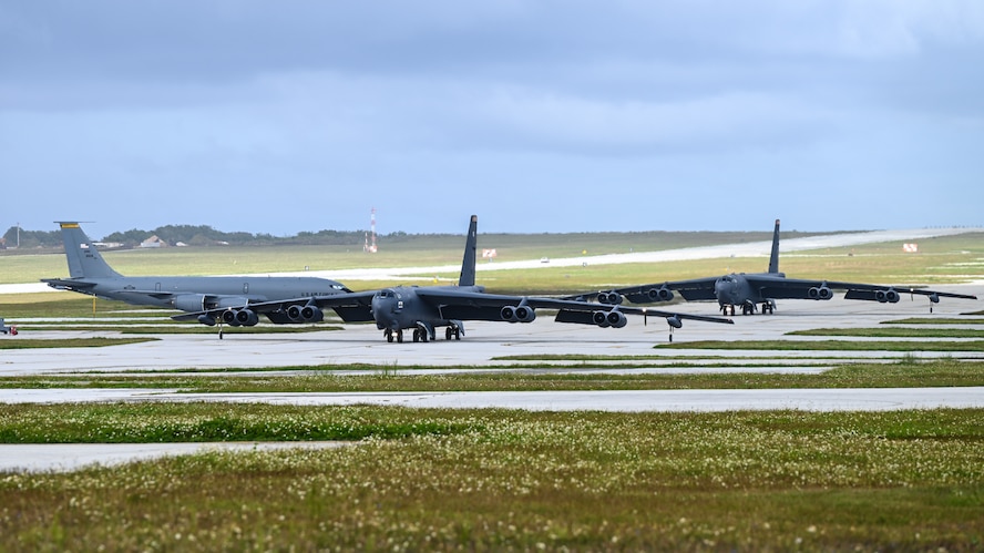 U.S. Air Force B-52H Stratofortress bombers assigned to the 23rd Expeditionary Bomb Squadron taxi for take off at Andersen Air Force Base, Guam, as part of a routine Bomber Task Force mission, Feb. 14, 2024. Demonstrating cutting-edge capabilities, forward presence, and commitment to our Allies and partners communicates the United States’ resolve in the Indo-Pacific. (U.S. Air Force photo by Master Sgt. Amy Picard)