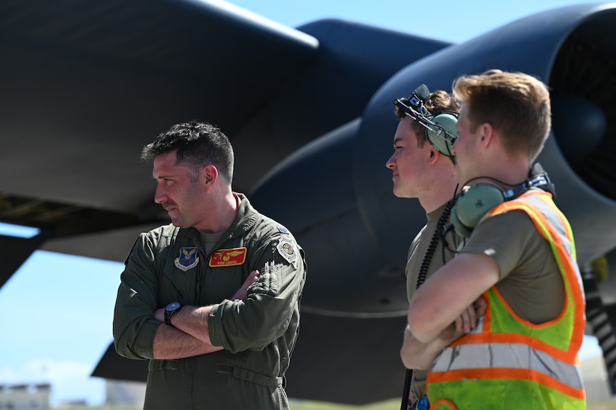U.S. Air Force Lt. Col. Ryan "Vapor" Loucks, Commander of the 23rd Expeditionary Bomb Squadron and Airmen from the 5th Maintenance Squadron prepare for a routine Bomber Task Force mission at Andersen Air Force Base, Guam, Feb. 14, 2024. Bomber missions provide opportunities to train and work with our Allies and partners in joint and coalition operations and exercises. (U.S. Air Force photo by Master Sgt. Amy Picard)