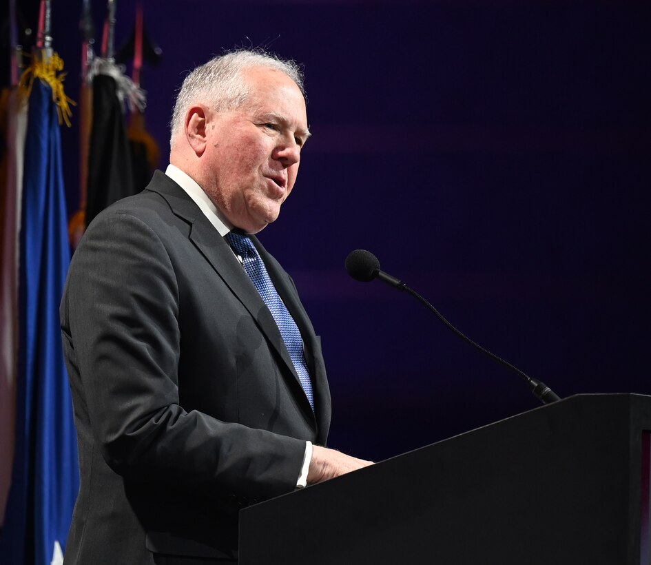 Secretary of the Air Force Frank Kendall addresses the audience as he takes part in the 2024 Black Engineer of the Year dinner and awards ceremony, Baltimore, Md., Feb 16, 2024. The event honored top African American military leaders in science, technology, engineering and math. (U.S. Air Force photo by Andy Morataya)