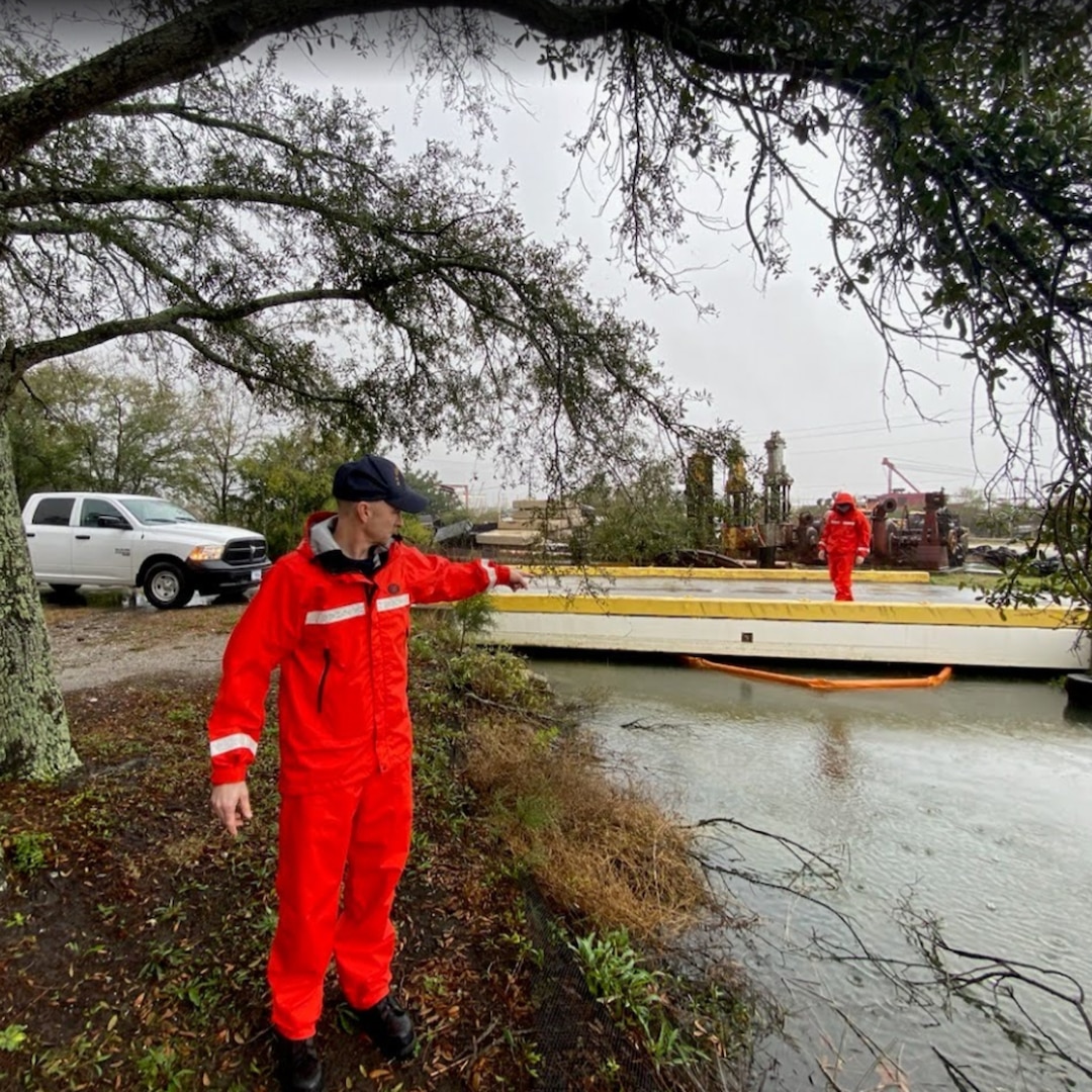 A Coast Guard Sector Charleston Incident Management Division member from Sector Charleston and partner agencies concluded pollution response efforts for an oil product found in a water drain in Charleston, South Carolina, Feb. 12, 2024. On Feb 8, Sector Charleston’s Incident Management Division, in coordination with the Charleston County Emergency Management Department and Charleston City Water Management Department, received a report of oil in a storm drain near a Chevron facility in Charleston, South Carolina. (U.S. Coast Guard courtesy photo)