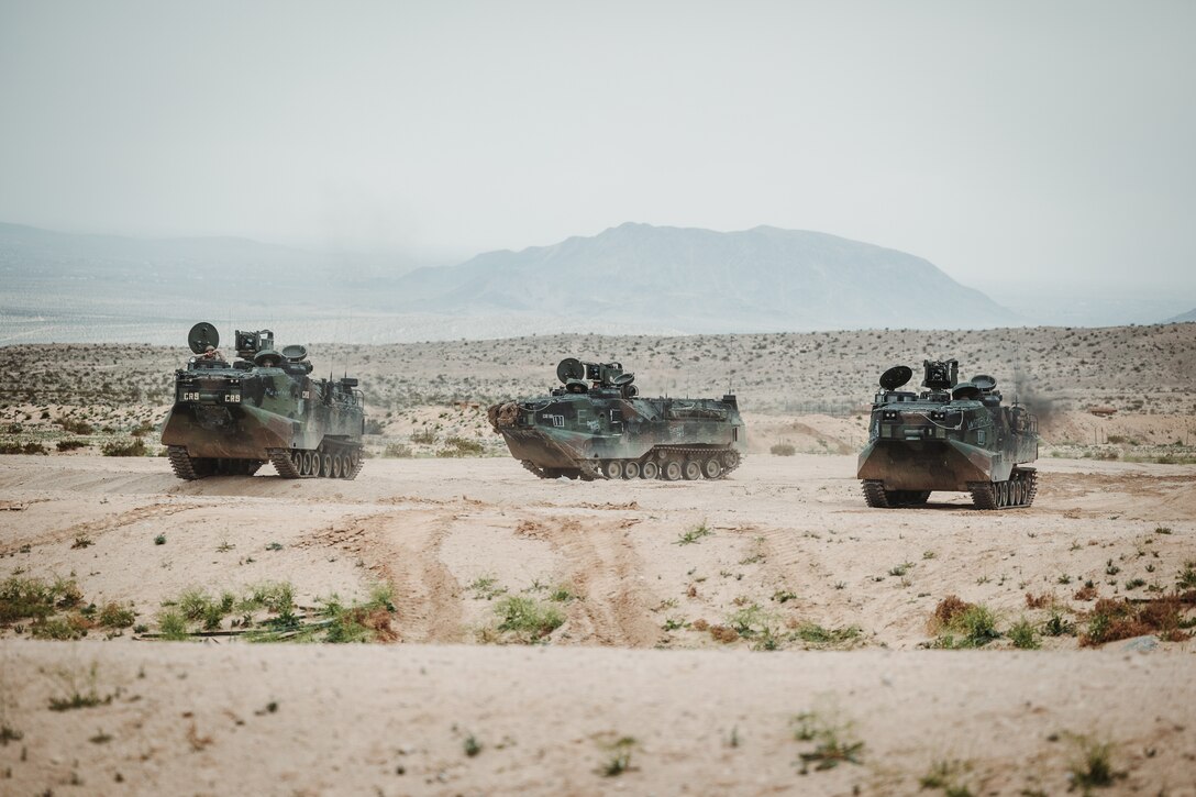 U.S. Marine Corps Amphibious Assault Vehicles in support of 2nd Battalion, 6th Marine Regiment, 2nd Marine Division, maneuver through the terrain during an Adversary Force Exercise as part of Service Level Training Exercise 2-24 at Range 220, Marine Corps Air-Ground Combat Center, Twentynine Palms, California, Feb. 1, 2024. The purpose of AFX is to create a credible, realistic threat for the exercise forces participating in SLTE 2-24 to engage against during the upcoming Marine Air-Ground Task Force Warfighting Exercise in a force-on-force, unscripted wargame. (U.S. Marine Corps photo by Lance Cpl. Richard PerezGarcia)