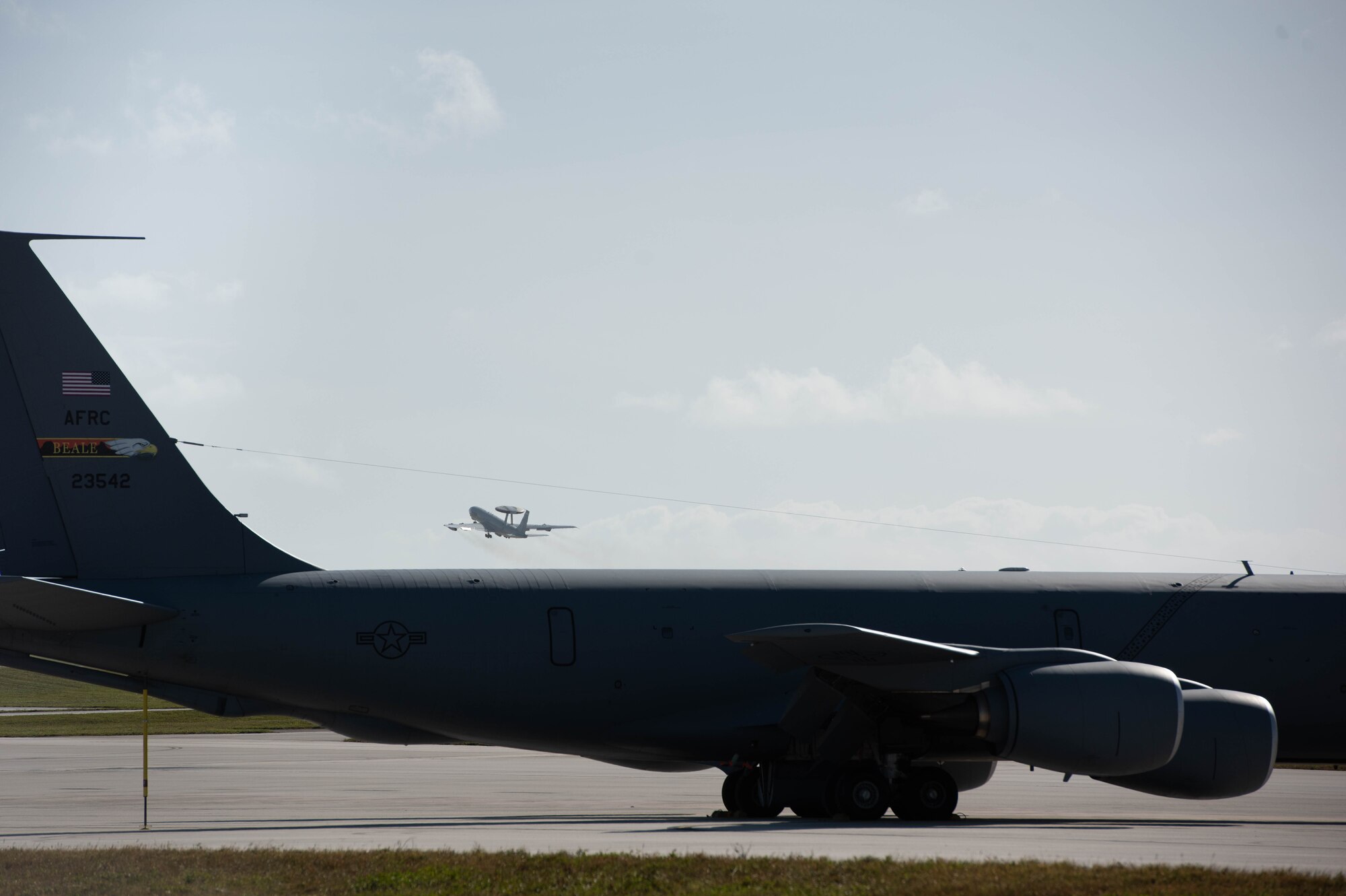 An aircraft takes off.