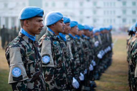 Nepali soldiers participate in the opening ceremony of Exercise Shanti Prayas IV, a Multinational Peacekeeping Exercise, at the Nepali Army Headquarters on Feb. 20, 2024. Shanti Prayas IV is a multinational peacekeeping exercise sponsored by the Nepali Army and U.S. Indo-Pacific Command and is the latest in a series of exercises designed to support peacekeeping operations. (U.S. Marine Corps photo by Lance Cpl John Hall)