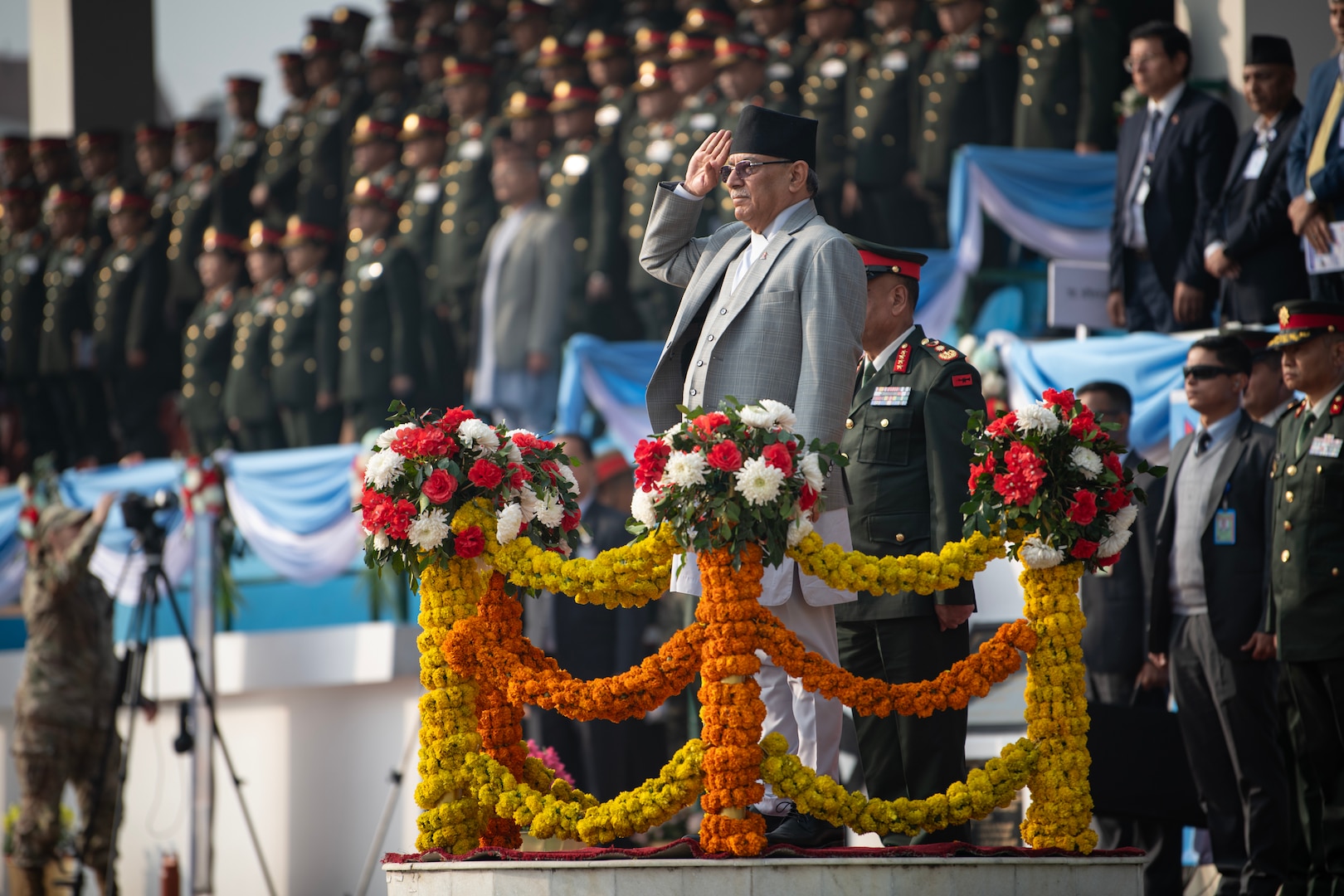 Nepali Prime Minister, Pushpa Kamal Dahal, salutes during the opening ceremony of Exercise Shanti Prayas IV, a Multinational Peacekeeping Exercise, at the Nepali Army Headquarters on Feb. 20, 2024. Shanti Prayas IV is a multinational peacekeeping exercise sponsored by the Nepali Army and U.S. Indo-Pacific Command and is the latest in a series of exercises designed to support peacekeeping operations. (U.S. Marine Corps photo by Lance Cpl John Hall)