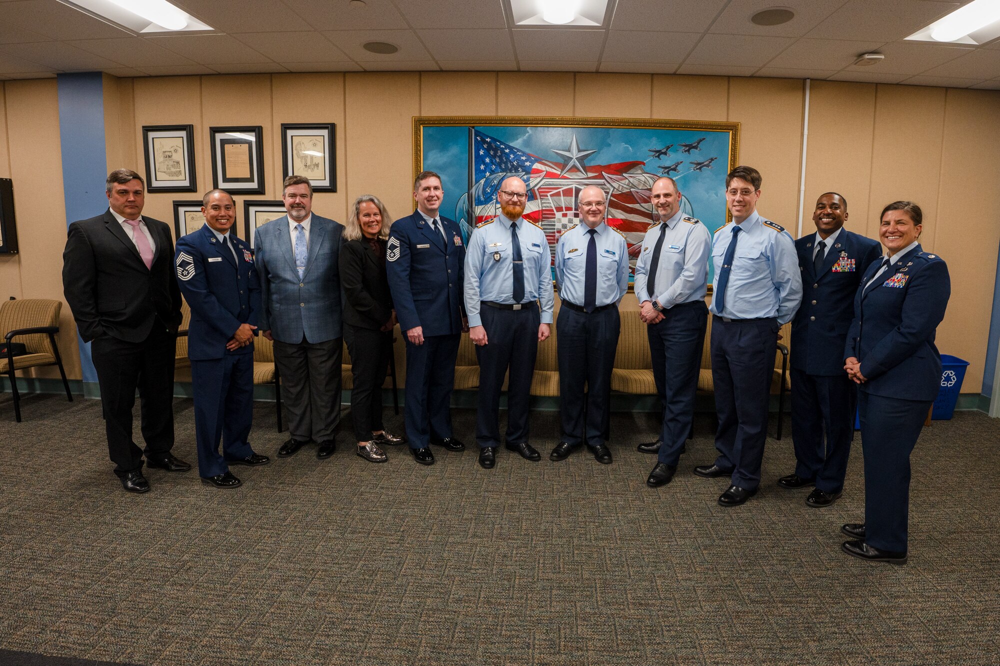 Members of the 334th Training Squadron and the German Military Aviation Authority pose for group on Keesler Air Force Base, Mississippi, Feb. 12, 2024.