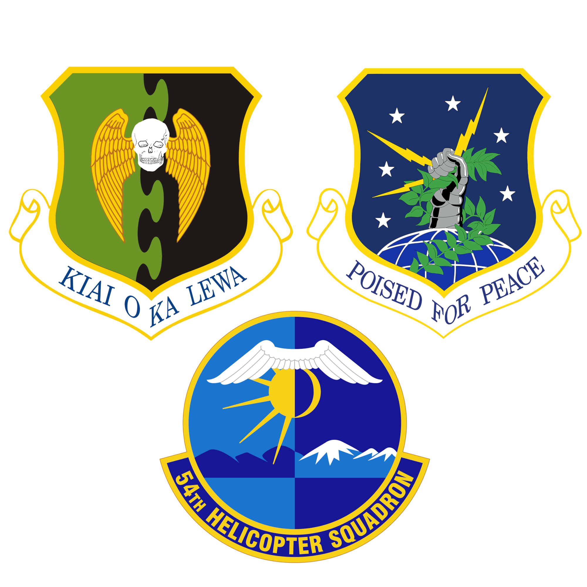 The 5th Bomb Wing, 91st Missile Wing, and 54th Helicopter Squadron logos. The aviation resource management career field includes members from the 91 MW, Airmen in the 5 BW, and 54 HS won Outstanding Large Unit of the Year award. (graphic by Airman 1st Class Luis Gomez)