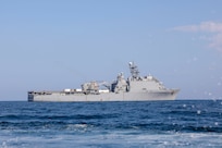 230813-N-JO162-1125 ATLANTIC OCEAN (Aug. 13, 2023) Amphibious dock landing ship USS Gunston Hall (LSD 44) steams into position to pick up small craft during Large Scale Exercise 2023 (LSE 2023). LSE 2023 demonstrates the Navy’s and Marine Corps’ ability to employ precise, lethal and overwhelming force globally across six maritime component commands, seven numbered fleets, and 22 time zones. LSE 2023 merges real-world operations with virtually constructed scenarios to create a realistic training environment that allows Sailors and Marines to train how they will fight, regardless of geographic boundaries