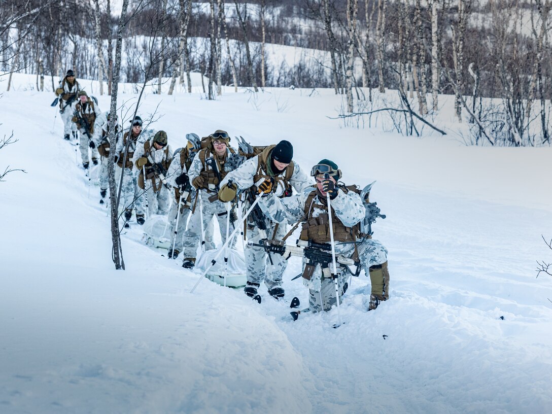 U.S. Marines with 1st Battalion, 2nd Marine Regiment, 2nd Marine Division, conduct a foot movement during Cold Weather Training in preparation for the NATO exercise Nordic Response 24 in Setermoen, Norway, Feb. 5, 2024. Nordic Response is a Norwegian national readiness and defense exercise designed to enhance military capabilities and allied cooperation in high-intensity warfighting in a challenging arctic environment. This exercise will test military activities ranging from the reception of allied and partner reinforcements and command and control interoperability to combined joint operations, maritime prepositioning force logistics, integration with NATO militaries, and reacting against an adversary force during a dynamic training environment. The U.S. stands firm in commitment and readiness to support Norway, allies and partners. (U.S. Marine Corps photo by Cpl. Joshua Kumakaw)