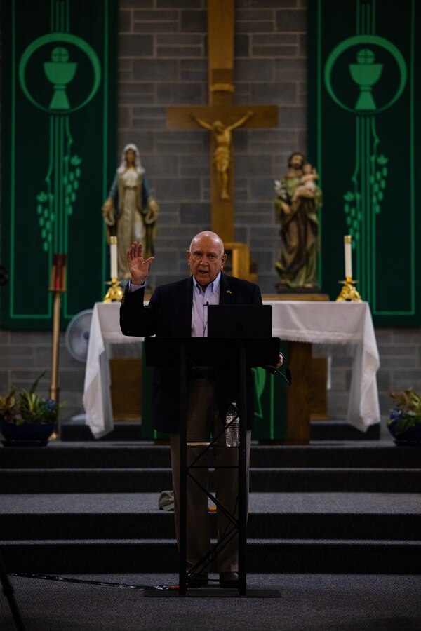Ret. U.S. Navy commander Porter Halyburton leads a professional military education class on spiritual resiliency on Marine Corps Air Station New River, in Jacksonville, North Carolina, Feb. 13, 2024. Halyburton survived seven-and-a-half years in captivity as a Prisoner of War in North Vietnam during the Vietnam War and talks about the wisdom and liberation from his harrowing experience. (U.S. Marine Corps photo by Lance Cpl. Loriann Dauscher)