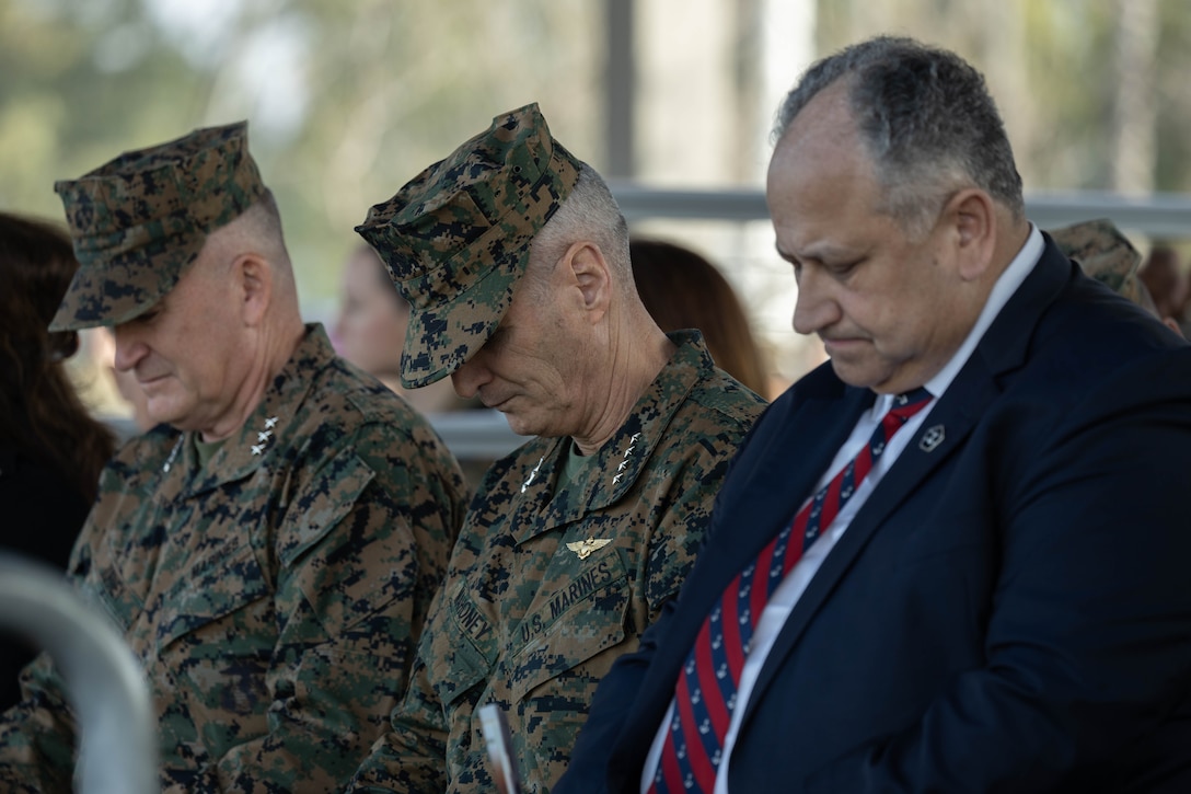 (From left to right) U.S. Marine Corps Lt. Gen. William M. Jurney, commanding general of Marine Corps Forces Pacific, U.S. Marine Corps Gen. Christopher J. Mahoney, Assistant Commandant of the Marine Corps, and Secretary of the Navy Carlos Del Toro wait for the I MEF change of command ceremony to begin at Marine Corps Base Camp Pendleton, California, Feb. 16, 2024. Maj. Gen. Bradford J. Gering relinquished command of I MEF to Lt. Gen. Michael S. Cederholm. I MEF provides the Marine Corps a globally responsive, expeditionary, and fully scalable Marine Air-Ground Task Force, capable of generating, deploying, and employing ready forces and formations for crisis response, forward presence, major combat operations, and campaigns. (U.S. Marine Corps photo by Cpl. Fred Garcia)