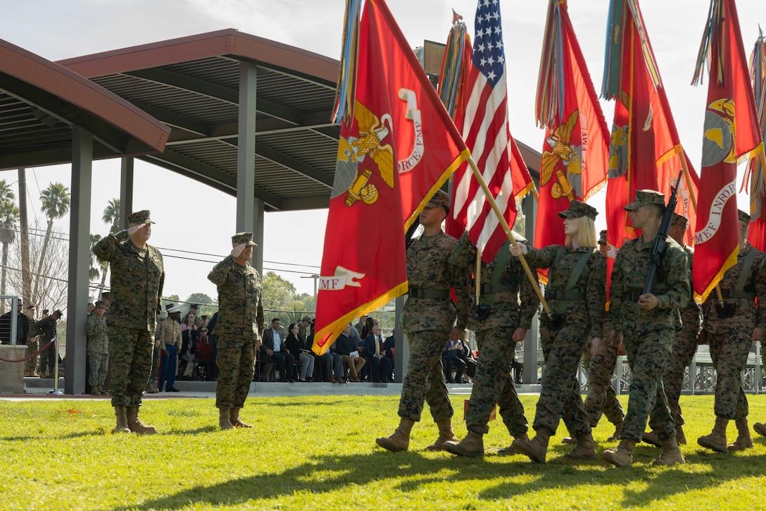 U.S. Marine Corps Lt. Gen. Michael S. Cederholm, incoming commanding general of I Marine Expeditionary Force, left, and U.S. Marine Corps Lt. Gen. Bradford J. Gering, outgoing commanding general of I MEF render honors during a pass and review during the I MEF change of command ceremony at Marine Corps Base Camp Pendleton, California, Feb. 16, 2024. Lt. Gen. Bradford J. Gering relinquished command of I MEF to Lt. Gen. Michael S. Cederholm. I MEF provides the Marine Corps a globally responsive, expeditionary, and fully scalable Marine Air-Ground Task Force, capable of generating, deploying, and employing ready forces and formations for crisis response, forward presence, major combat operations, and campaigns. (U.S. Marine Corps photo by Cpl. Fred Garcia)