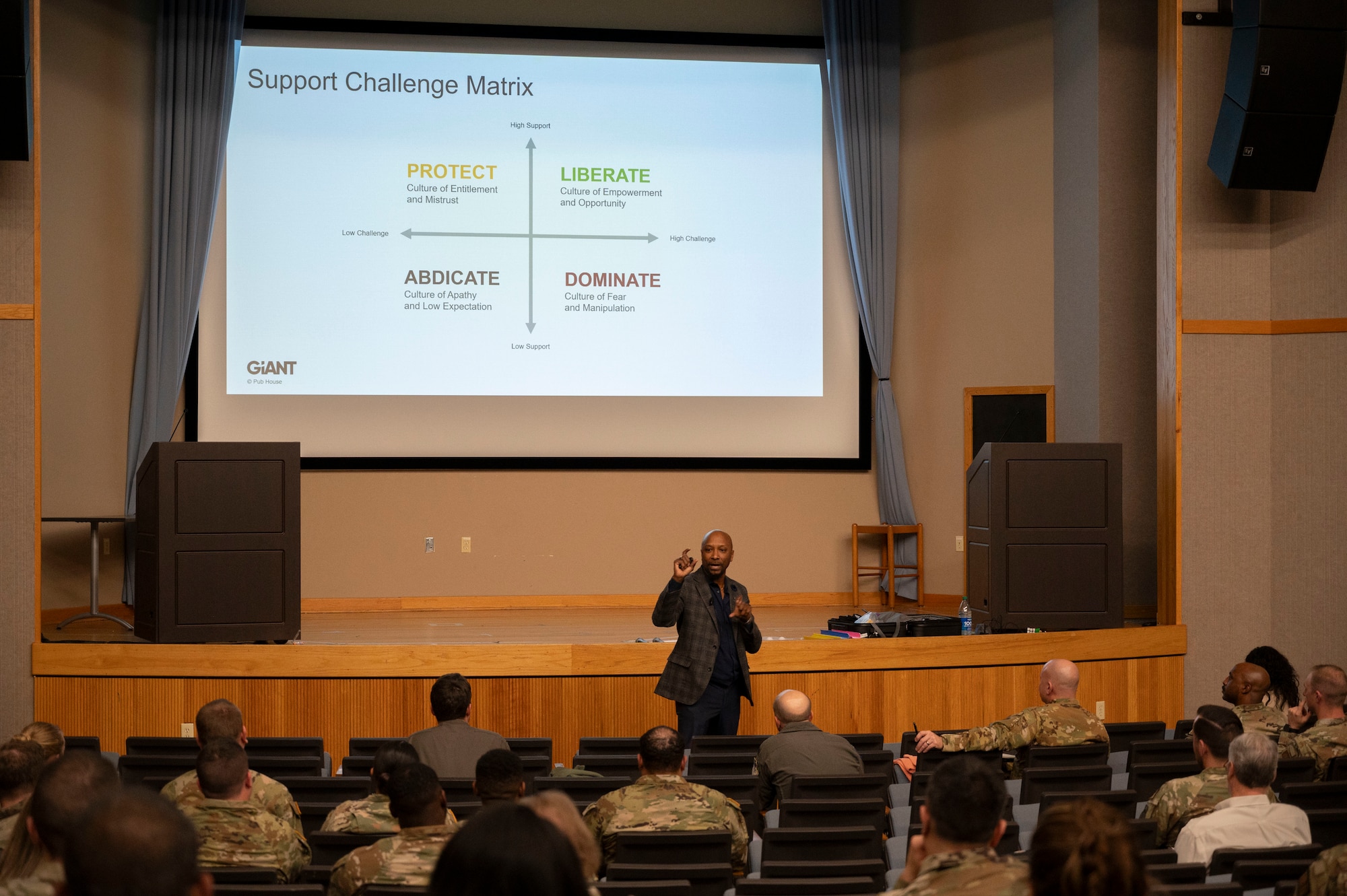 Rob Joseph, co-founder of RLK Team Solutions Inc., leads a discussion during a Courage Leadership Alliance seminar, Laughlin Air Force Base, Texas, Feb. 16, 2024. Team XL personnel and organizational culture seminar, to learn about personal and professional tactics for challenges and improvements in the workplace. (U.S. Air Force photo by Senior Airman Kailee Reynolds)