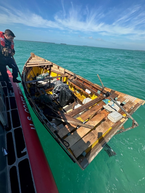 Boat with migrants aboard adjacent to Coast Guard small boat. Second picture depicts the vessel disembarked.