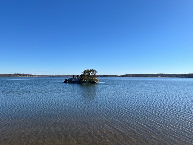 A boat carries a tree in the middle of a lake with blue sky in the background.