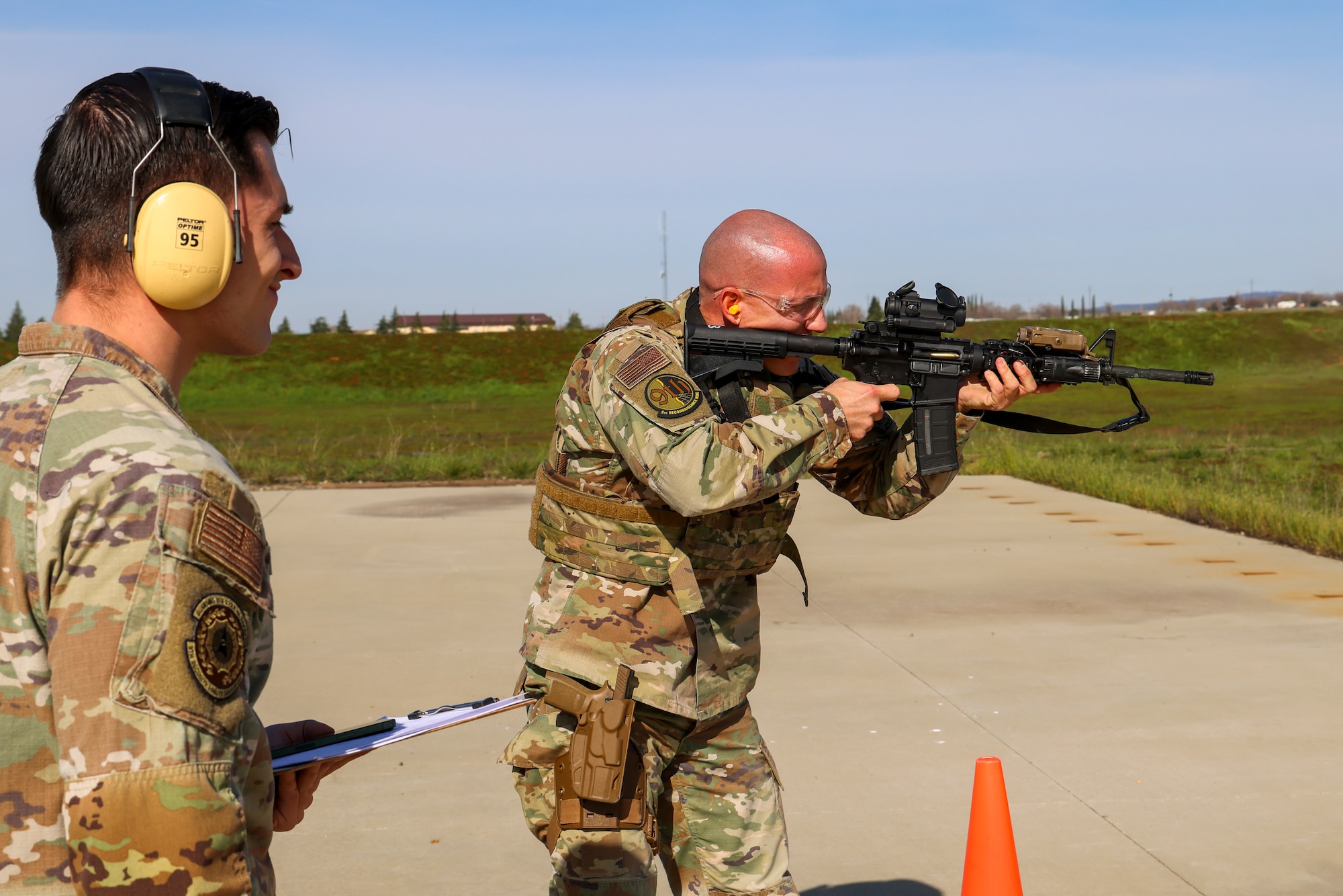 U.S. Air Force U.S. Air Force Tech. Sgt. Chance Scharer, 9th Logistics Readiness Squadron petroleum, oil, and lubricants (POL) NCO in charge of fuels, environmental and safety, fires an M4A1 Carbine during the shooting qualification of the Tactical Response Team (TRT) tryouts Feb. 12, 2024, at Beale Air Force Base, California.