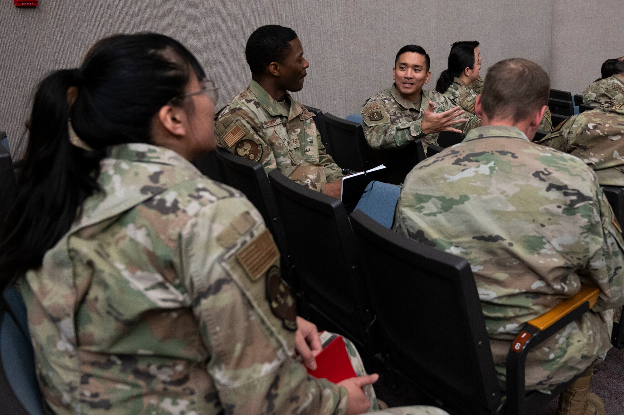 U.S. Air Force Tech. Sgt. Josh Barriga, 47th Medical Group mental health technician, speaks to fellow Airmen during a group exercise at a Courageous Leadership Alliance seminar, Laughlin Air Force Base, Texas, Feb. 16, 2024. Team XL and North Carolina National Guard members participated in a two-day leadership development and organizational culture seminar, to learn about personal and professional tactics for challenges and improvements in the workplace. (U.S. Air Force photo by Senior Airman Kailee Reynolds)