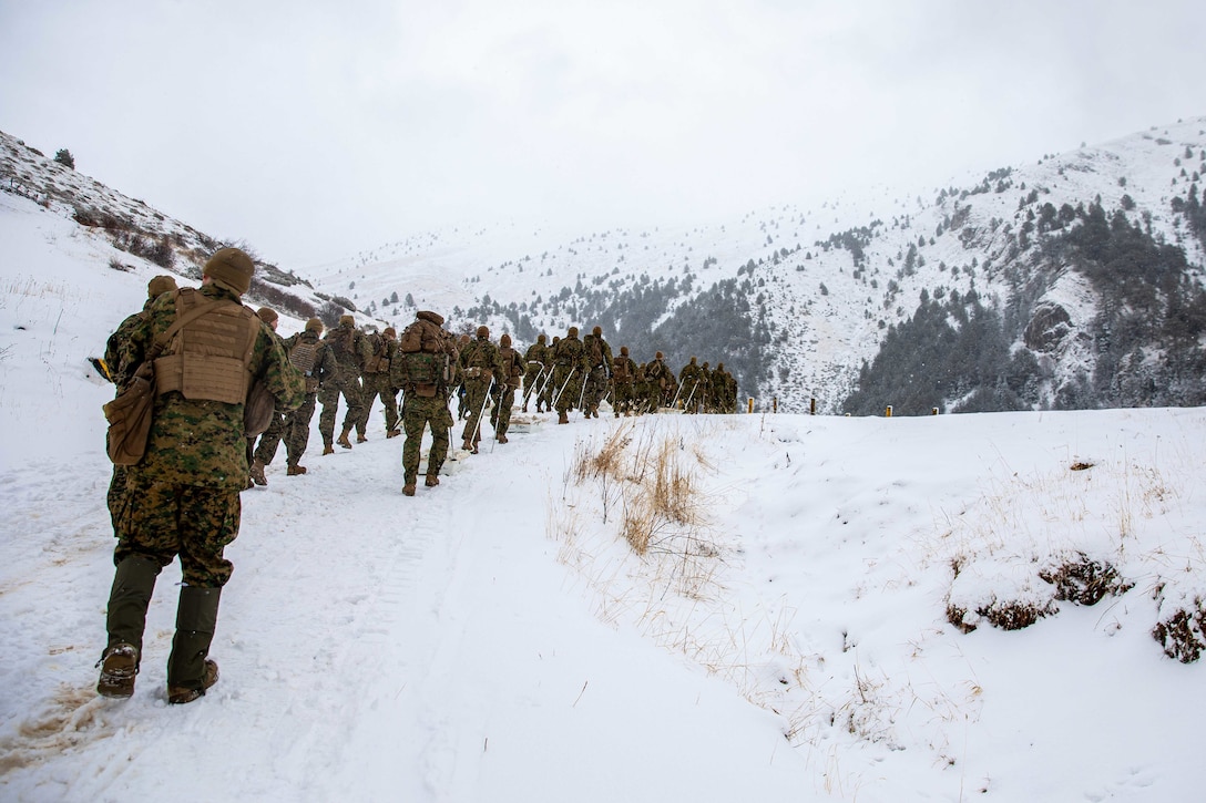 U.S. Marines with the 26th Marine Expeditionary Unit (Special Operations Capable) (26MEU(SOC)) hike alongside Greek partners from the 32nd Marine Brigade, during cold weather training part of Greek Bilateral Exercise 2.0, Mount Olympus Mountain Training Center, Greece, Feb. 12, 2024. This bilateral training enabled the exchange of tactics, techniques, and procedures for both cold weather and mountain warfare environments, increasing interoperability between the two nations. The Bataan Amphibious Ready Group, with the embarked 26th MEU(SOC), is on a scheduled deployment in the U.S. Naval Forces Europe area of operations, employed by U.S. 6th Fleet to defend U.S., Allied, and partner interests. (U.S. Marine Corps photo by Sgt. Nayelly Nieves-Nieves)