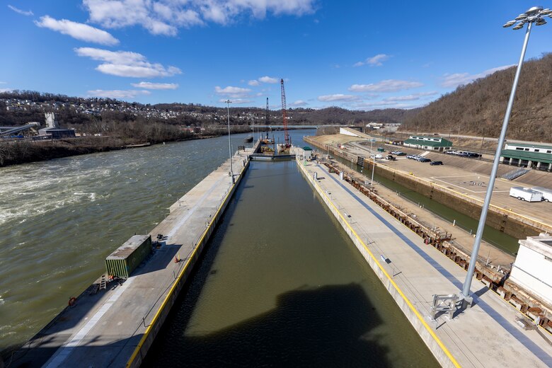 The U.S. Army Corps of Engineers is currently conducting fully integrated system tests on the new navigation chamber, which measures 84 feet wide by 720 feet long.