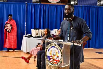 Aly Kaba, executive director, D.C. Mayor’s Office on African Affairs serves as keynote speaker during “The Diversity of the Black Experience,” a program hosted by the District of Columbia National Guard Military Equal Opportunity/Equal Employment Opportunity (MEO/EEO) office and D.C. Government Operations/D.C. National Guard (DCGO-DCNG), at the D.C. Armory, Feb. 21, 2024. The program also included African dance performances by the Cultural Heritage Group, a West Africa Kola Nut Ceremony, educational displays, and a sampling of various cultural dishes provided by the TIS Foundation and the University of the District of Columbia Culinary Arts Program.