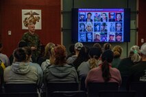 U.S. Marine Corps Master Gunnery Sgt. Paul Madsen, a career recruiter with Support Battalion, Recruit Training Regiment, gives a brief on the recruitment process to educators with Recruiting Stations’ Indianapolis, Kansas City, Milwaukee, and Twin Cities as part of the 2024 Educator’s Workshop on Feb. 20, 2024 at Marine Corps Recruit Depot San Diego, California. Participants of the workshop visit MCRD San Diego to observe recruit training and gain a better understanding about the transformation from recruits to United States Marines. (U.S. Marine Corps photo by Sgt. Jesse K. Carter-Powell)