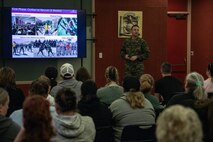 U.S. Marine Corps Lt. Col. Roger Hollenbeck, the commanding officer of 1st Recruit Training Battalion, Recruit Training Regiment, gives a brief on the recruit training process to educators with Recruiting Stations’ Indianapolis, Kansas City, Milwaukee, and Twin Cities as part of the 2024 Educator’s Workshop on Feb. 20, 2024 at Marine Corps Recruit Depot San Diego, California. Participants of the workshop visit MCRD San Diego to observe recruit training and gain a better understanding about the transformation from recruits to United States Marines. (U.S. Marine Corps photo by Sgt. Jesse K. Carter-Powell)