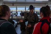 U.S. Marine Corps Staff Sgt. Marcus Harris, a drill instructor with Alpha Company, 1st Recruit Training Battalion, Recruit Training Regiment, answers questions from educators participating in the 2024 Educator’s Workshop on Feb. 20, 2024 at Marine Corps Recruit Depot San Diego, California. Participants of the workshop visit MCRD San Diego to observe recruit training and gain a better understanding about the transformation from recruits to United States Marines. (U.S. Marine Corps photo by Sgt. Jesse K. Carter-Powell)