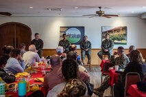 U.S. Marines with Headquarters and Service Battalion, Marine Corps Recruit Depot San Diego, answer questions about life in the Corps from educators with Recruiting Stations’ Indianapolis, Kansas City, Milwaukee, and Twin Cities participating in the 2024 Educator’s Workshop on Feb. 20, 2024 at MCRD San Diego, California. Participants of the workshop visit MCRD San Diego to observe recruit training and gain a better understanding about the transformation from recruits to United States Marines. (U.S. Marine Corps photo by Sgt. Jesse K. Carter-Powell)