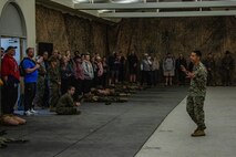U.S. Marine Corps Sgt. Ulixes Hernandez, a military police officer with Headquarters and Service Battalion, Marine Corps Recruit Depot San Diego, gives educators with Recruiting Stations’ Indianapolis, Kansas City, Milwaukee, and Twin Cities participating in the 2024 Educator’s Workshop a brief on the role of K-9 military working dogs on Feb. 20, 2024 at Marine Corps Recruit Depot San Diego, California. Participants of the workshop visit MCRD San Diego to observe recruit training and gain a better understanding about the transformation from recruits to United States Marines. (U.S. Marine Corps photo by Sgt. Jesse K. Carter-Powell)