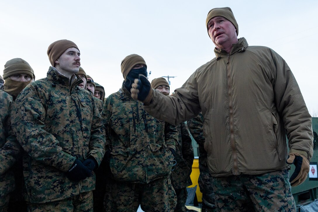 U.S. Marine Corps Col. Ryan P. Allen, Commanding Officer, Marine Air Control Group 48, 4th Marine Aircraft Wing, Marine Forces Reserve, discusses the strategic importance of training in an arctic environment with Marines with Marine Air Control Squadron (MACS) 24 at Fort Greely, Alaska, Feb. 10, 2024, in preparation for exercise ARCTIC EDGE 2024 (AE24). “Joint training opportunities like Arctic Edge 24 allow the Marines to cultivate proficiency and lethality, while developing the skills necessary to operate in the arctic environment”, said Allen. AE24 is a U.S. Northern Command-led homeland defense exercise demonstrating the U.S. Military's capabilities in extreme cold weather, joint force readiness, and U.S. military commitment to mutual strategic security interests in the Arctic region. (U.S. Marine Corps photo by Staff Sgt. Jestin Costa)