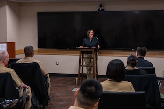 WASHINGTON (Feb. 21, 2024) - Chief of Naval Operations Adm. Lisa Franchetti delivers remarks during the Professional Naval Chaplaincy Executive Board Off-Site, Feb. 21. CNO discussed the importance of spiritual readiness across our Navy, Marine Corps, and Coast Guard team and the vital role of Chaplains in America’s Warfighting Navy. (U.S. Navy photo by Chief Mass Communication Specialist Michael B. Zingaro/released)