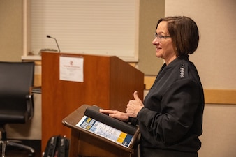 WASHINGTON (Feb. 21, 2024) - Chief of Naval Operations Adm. Lisa Franchetti delivers remarks during the Professional Naval Chaplaincy Executive Board Off-Site, Feb. 21. CNO discussed the importance of spiritual readiness across our Navy, Marine Corps, and Coast Guard team and the vital role of Chaplains in America’s Warfighting Navy. (U.S. Navy photo by Chief Mass Communication Specialist Michael B. Zingaro/released)