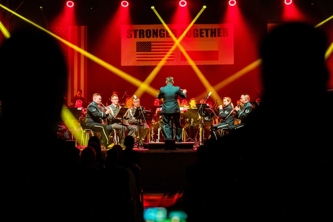 The U.S. Air Forces in Europe Concert Band conducts a joint performance alongside the Bytom Air Force Orchestra in Przemyśl, Poland, Oct. 27, 2023. The bilateral engagement propelled by the USAFE-AFAFRICA Band is the next step in the evolutionary development of musical cultural dialogue and exchange. A joint performance in Poland highlights the strong partnership between the two nations via the interoperability and capabilities of military bands.  As a symbol of partnership between Poland and the U.S., the bands will underscore US-Poland NATO Alliance. (U.S. Department of Defense photo by Senior Airman Jan K. Valle)